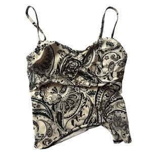 Lands End Women’s 8 Boho Brown White Paisley Floral Tankini Swimsuit Top Bow